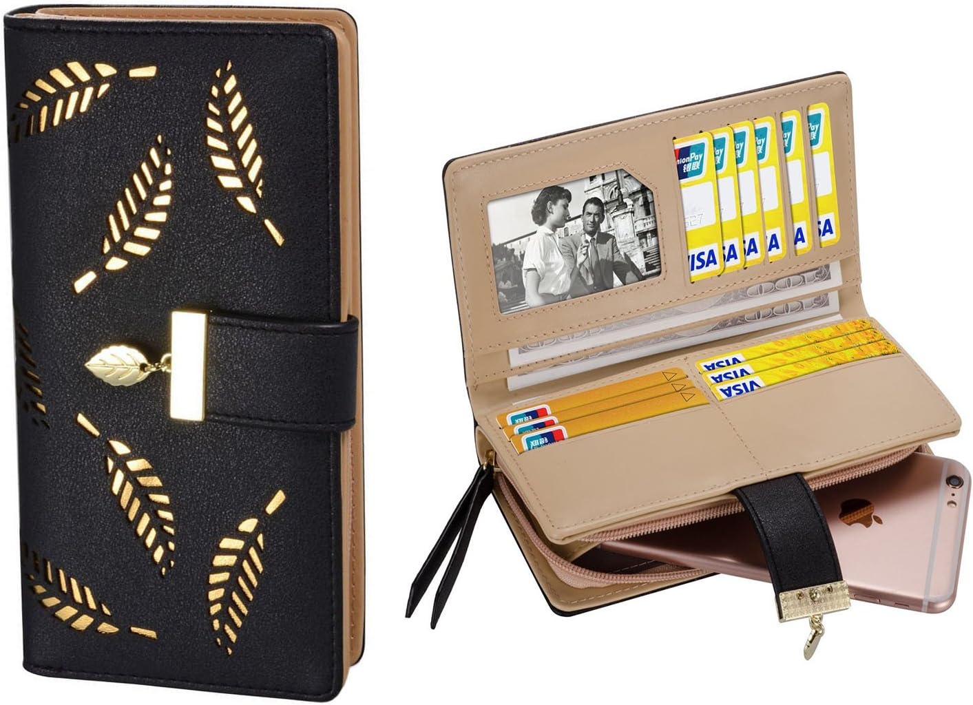 Women's Large Capacity Long Wallet Hollow Leaf Design Black โ image 3