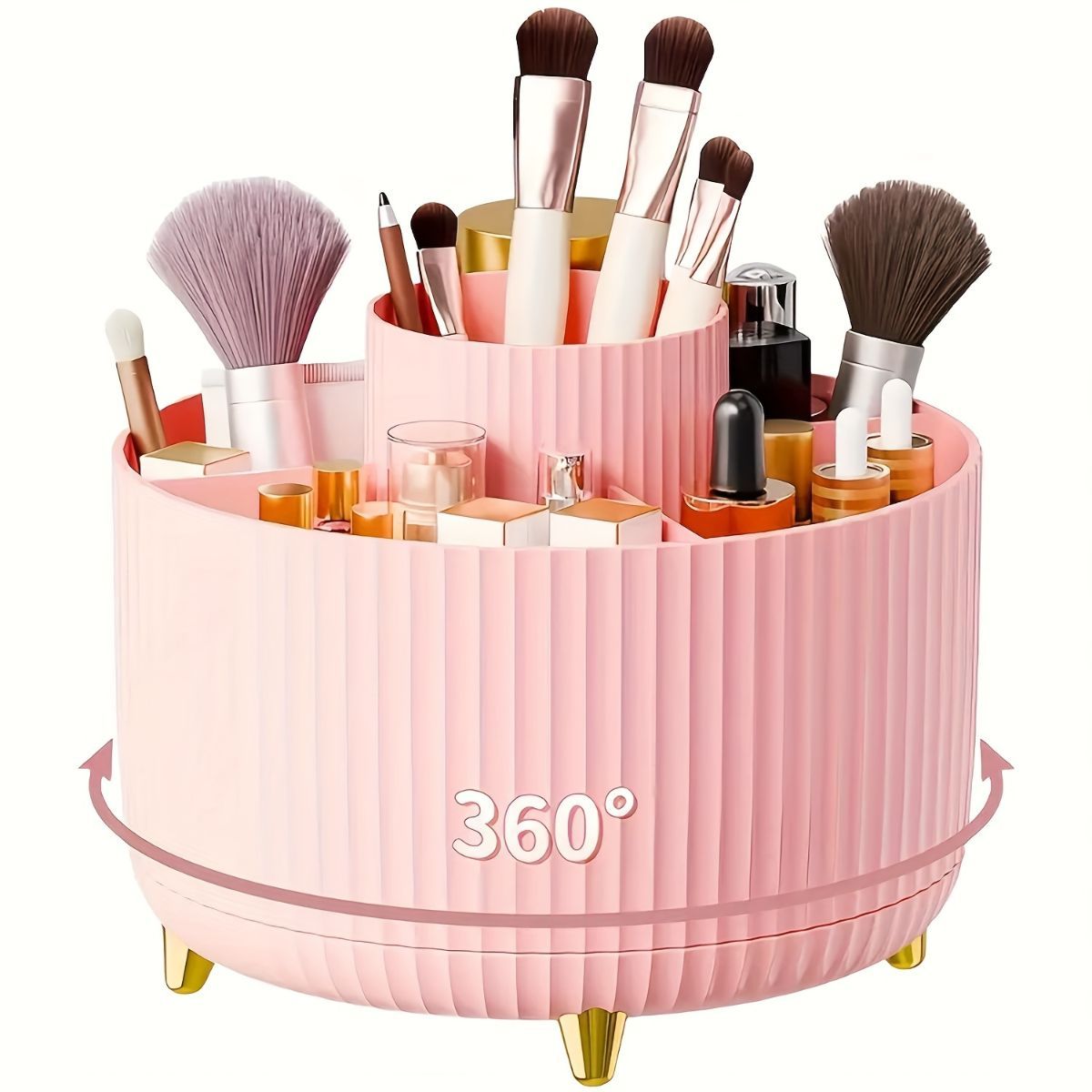 360 Degree Rotating Makeup Organizer Plastic Makeup Organizer 5 Compartment - Pink - Size 01