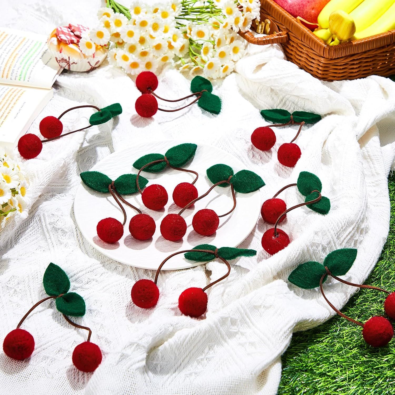 20 Pcs Cherry Party Decor Cherry Felt Balls DIY Garland Craft Handmade Cute Wool Pompom Fruit Baby Shower Decorations for Birthday Baby Shower Party Wedding โ image 2