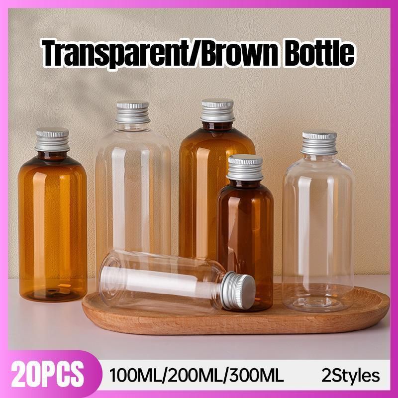 20pcs Brown Transparent Cosmetic Bottles with Aluminum Lids for Packaging - Brown-300ml โ image 2