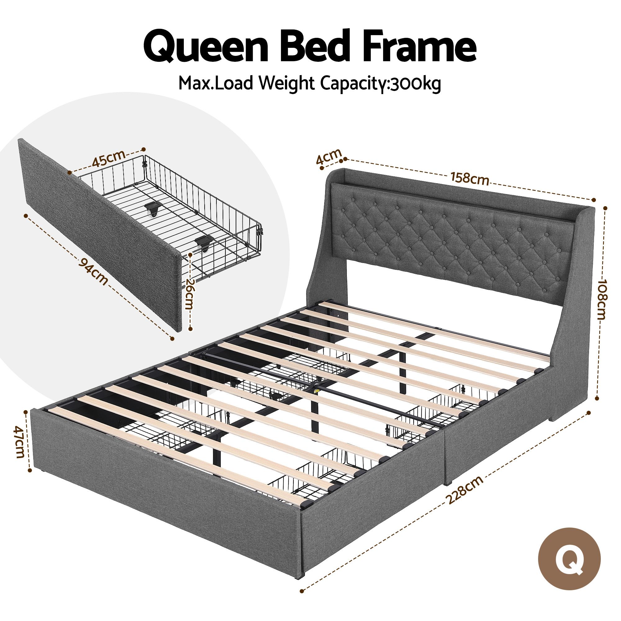 Artiss Queen Bed Frame with 4 Storage Drawers and Charging Station Tufted Wingback Headboard 300kg Loads Charcoal Grey โ image 2