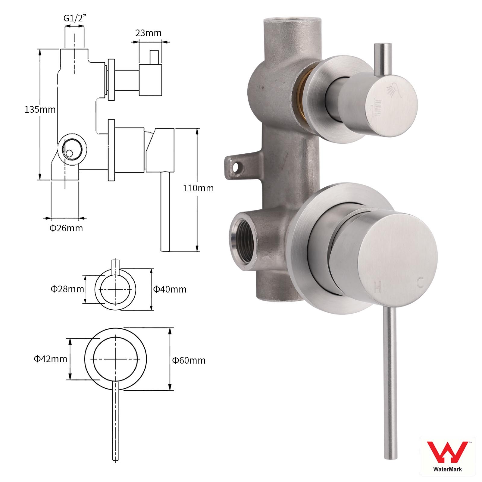 Brushed Nickel Round Bathroom Small Face Shower Mixer 2 Way Diverter Switch Set — image 2