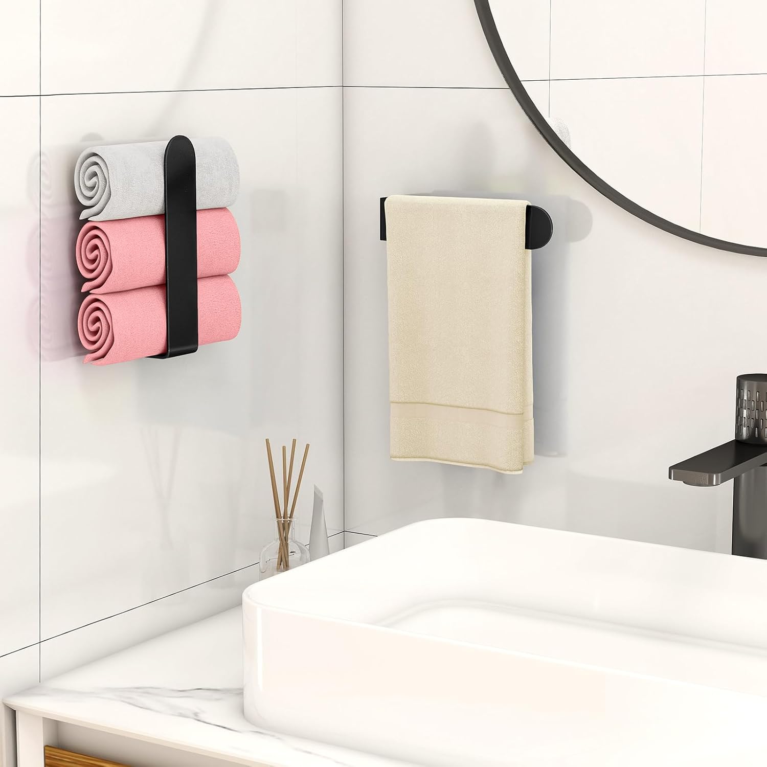 Hand Towel Holder, Self Adhesive Towel Racks for Bathroom Wall Mounted, 8 Inch Square Hand Towel Bar Stick on Wall for Kitchen Cabinet RV, Black (2 Pack) โ image 6