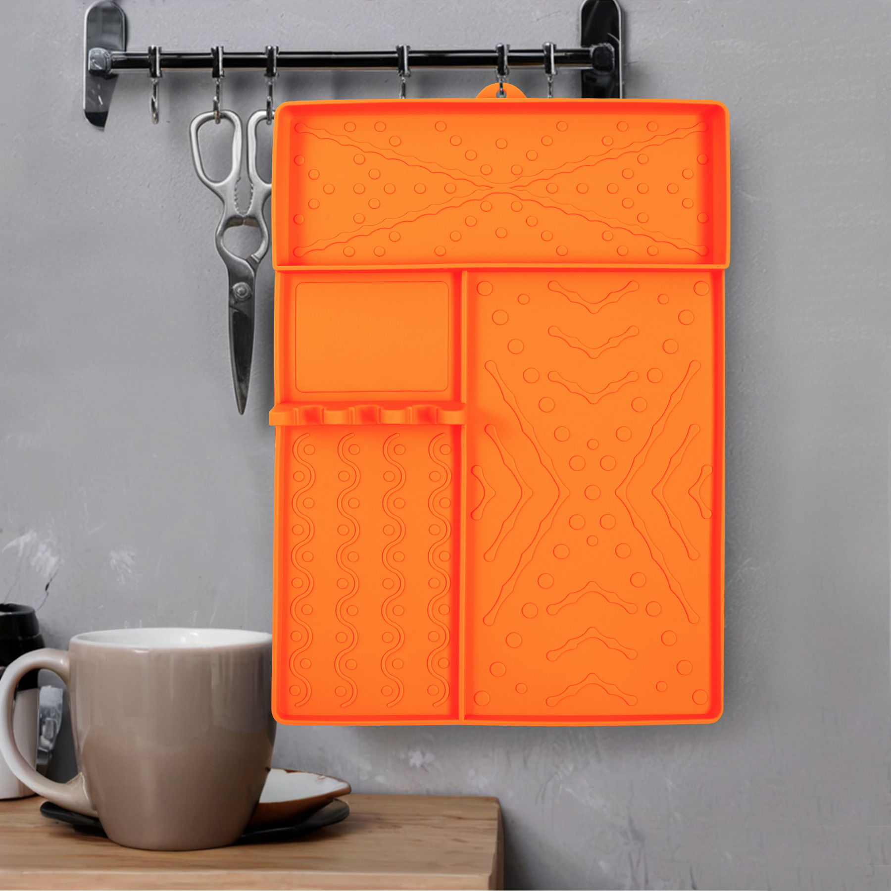 Orange Heavy-Duty Silicone Griddle Tool Mat Integrated Tool & Bottle Slots - Non-Stick BBQ Tool Draining Grease Mat and Seasoning Station — image 4