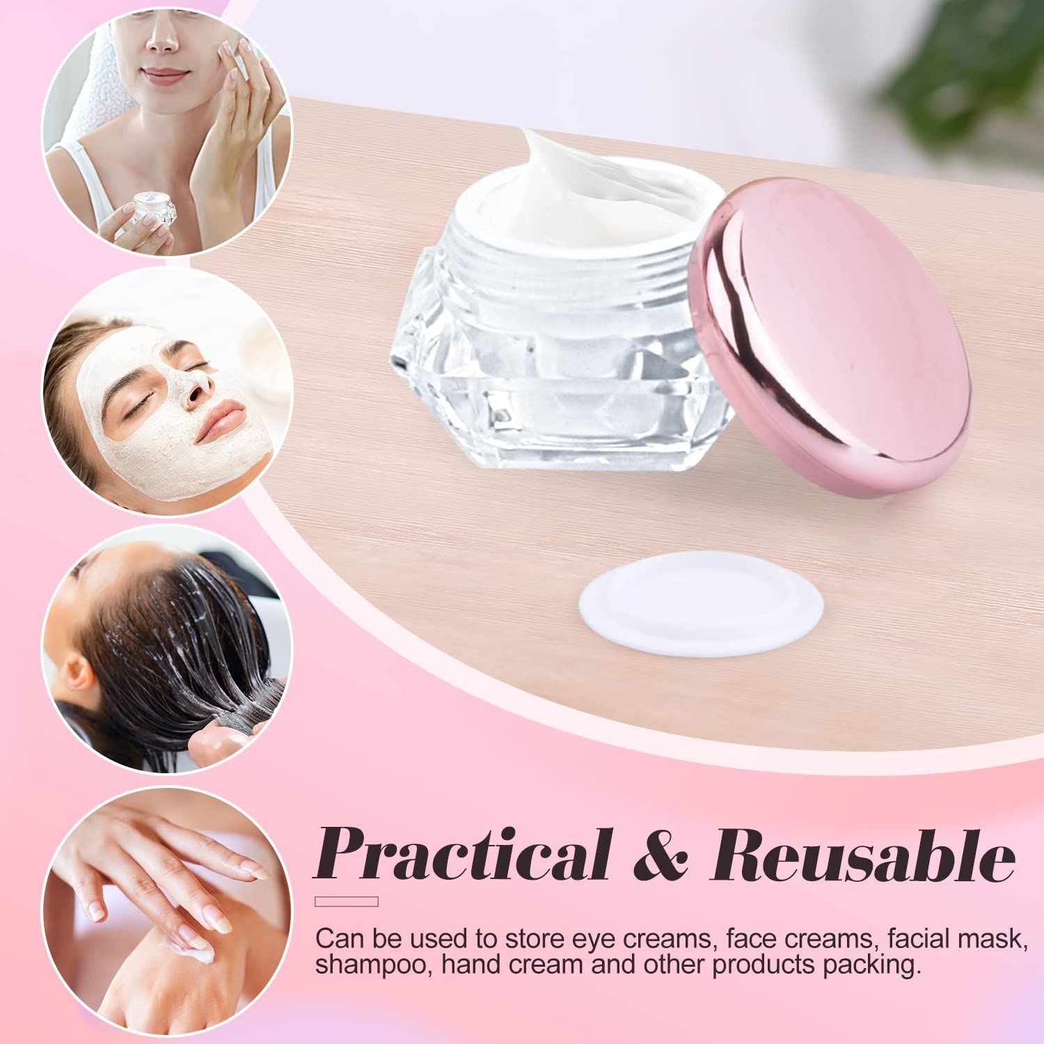 12 Pack 10g Plastic Cream Jars Cosmetic Container Refillable Sample Pot Diamond Shape Clear Makeup Vials Bottles with Pink Lids — image 2