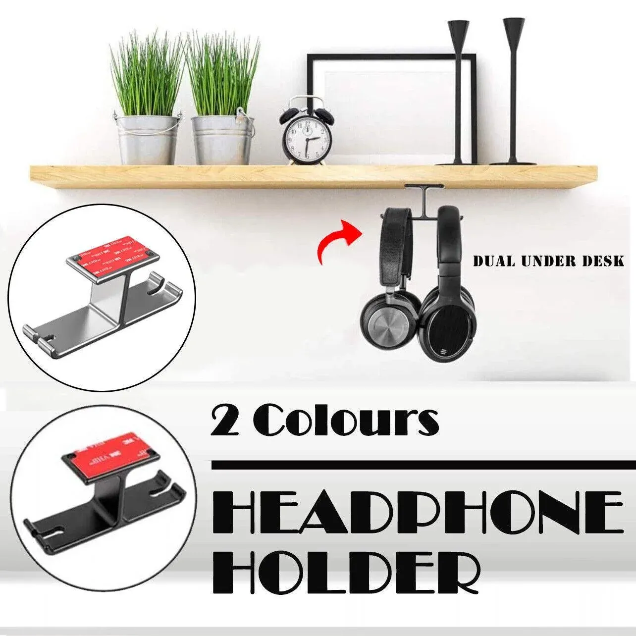 Universal Dj Headphone Pc Hanger Hook Tape Under Desk Dual Headset Mount Holder - Silver โ image 2