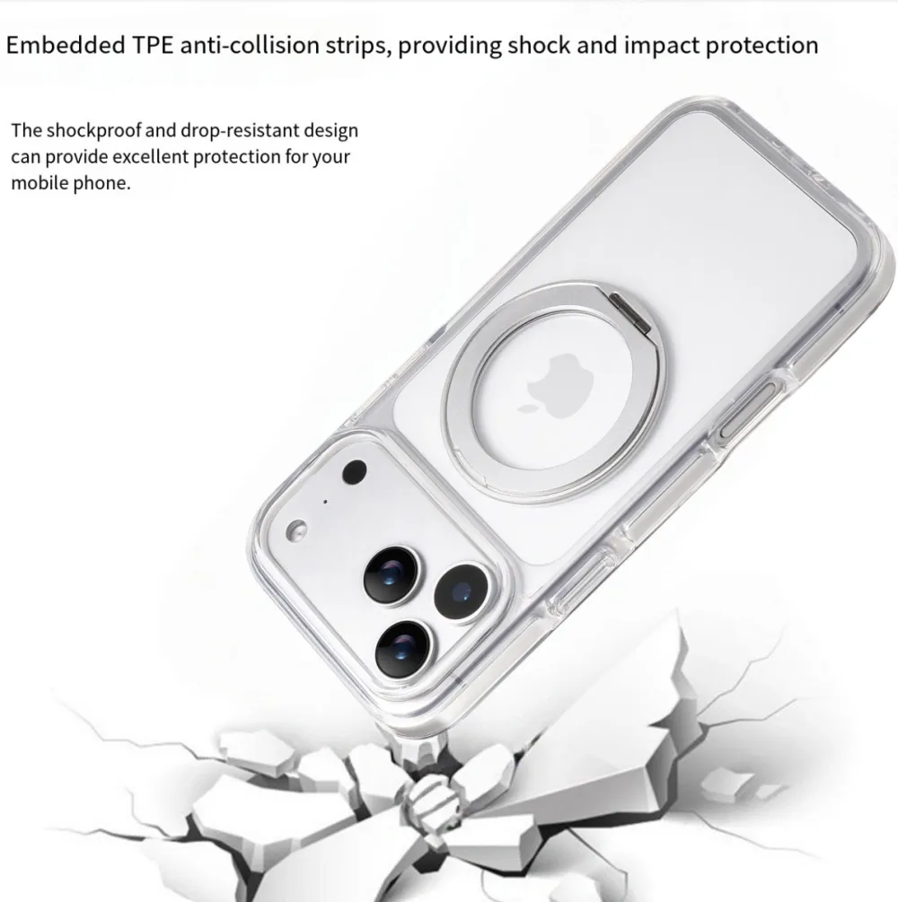 Clear MagSafe iPhone 17 Pro Case with 360° Rotating Ring Stand - Silver Edition — image 3