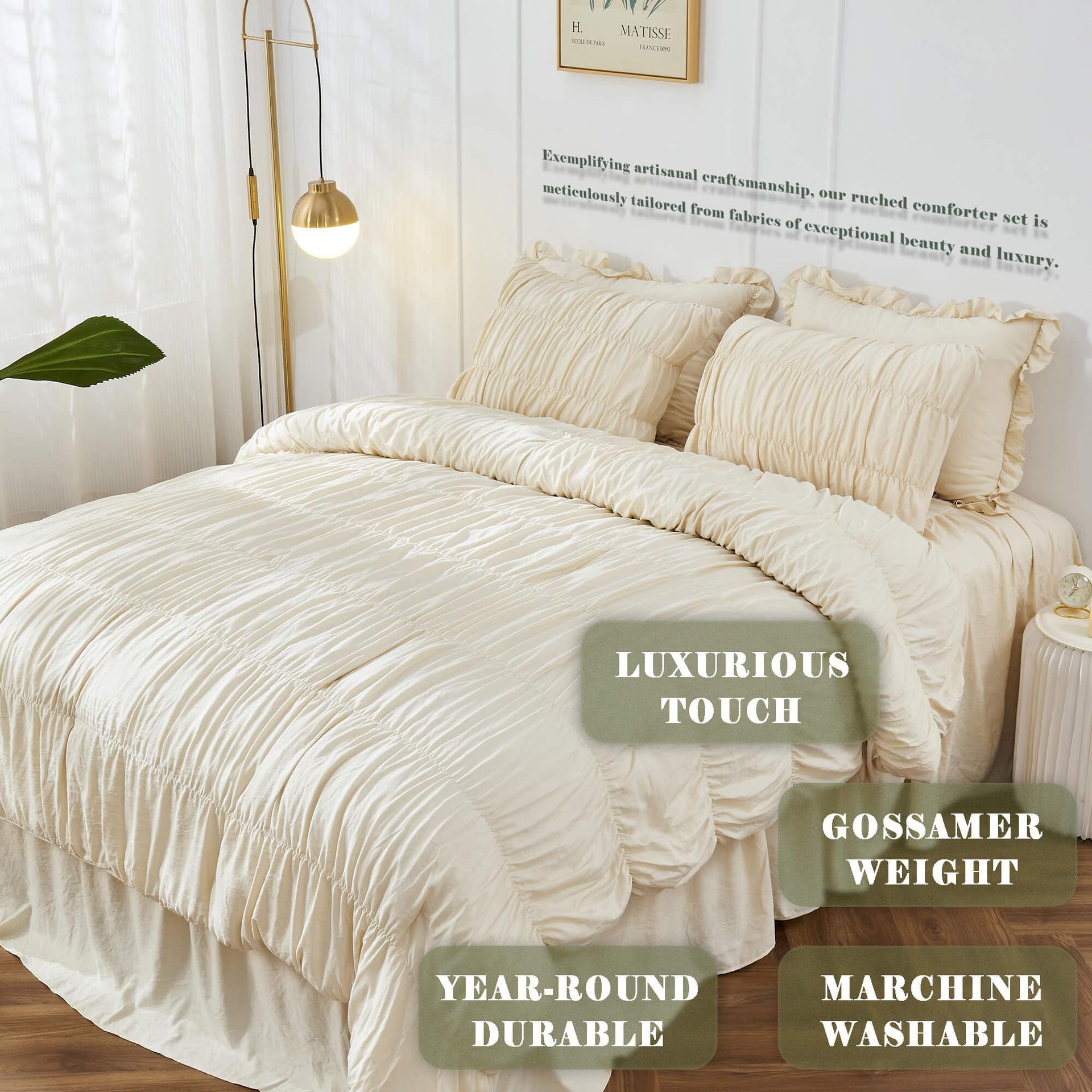 Wrinkle Textured Bedding Set - 3 Piece Quilt Cover and Pillowcase Set - Beige Bohemian Style(Queen) — image 2