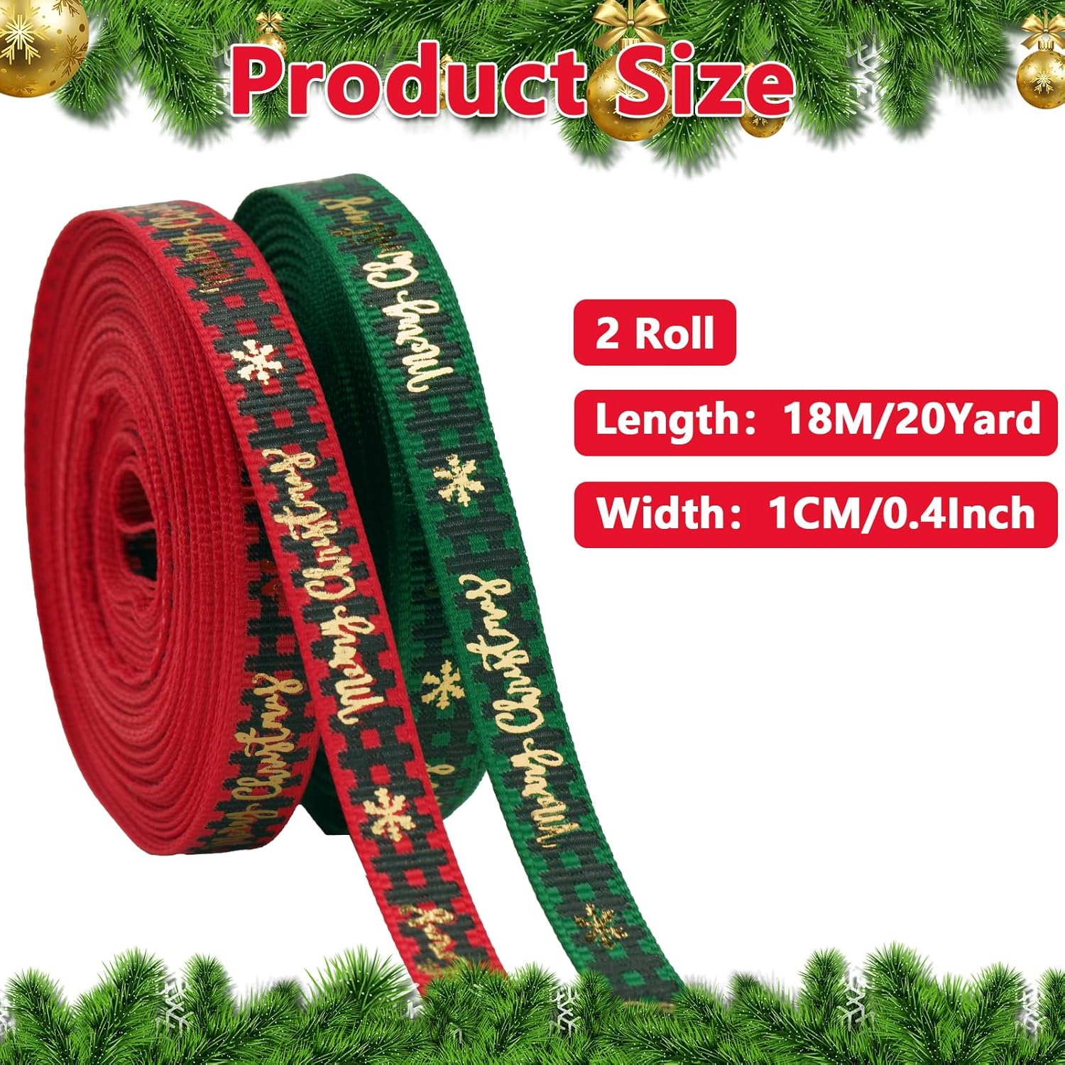 Christmas Ribbon, 3/8 Inch, 20 Yard, Red and Green Merry Wrapping Ribbon for Craft Wreath Decor Bow Flower Bouquet (2 Roll) โ image 2