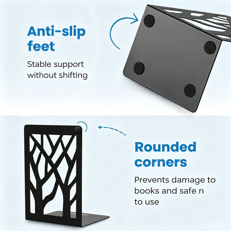 4-Piece Black Tree Design Metal Bookend Set with Non-Slip Feet โ image 2