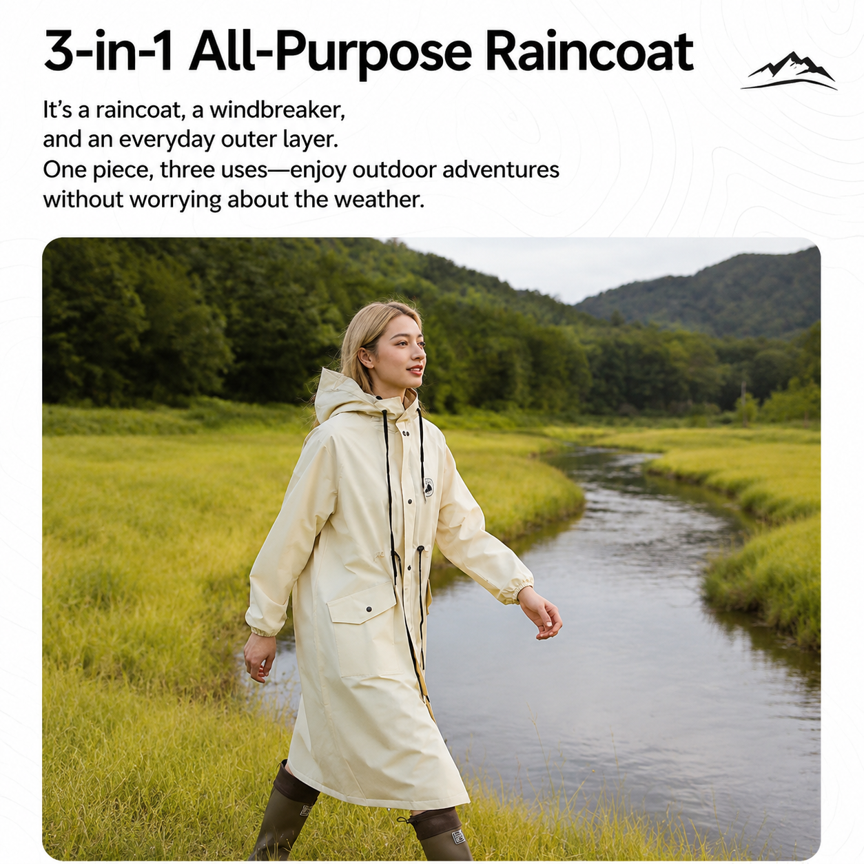 Black Full-Cover Hooded EVA Raincoat, Long Trench Coat Waterproof Rain Poncho with Adjustable Waist & Collar Drawstring, Zipper & Snap Windproof Closure โ image 3