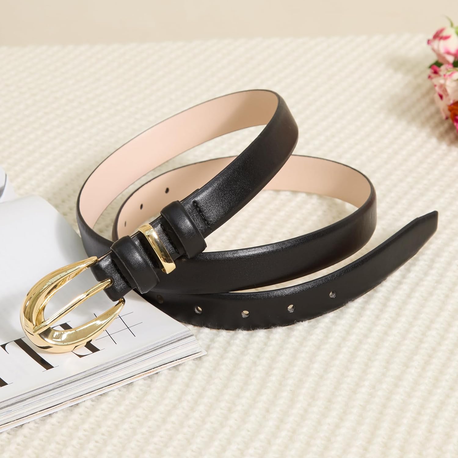 Women Skinny Leather Belts for Jeans Dress Fashion Ladies Faux Belt with Gold Buckle โ image 2