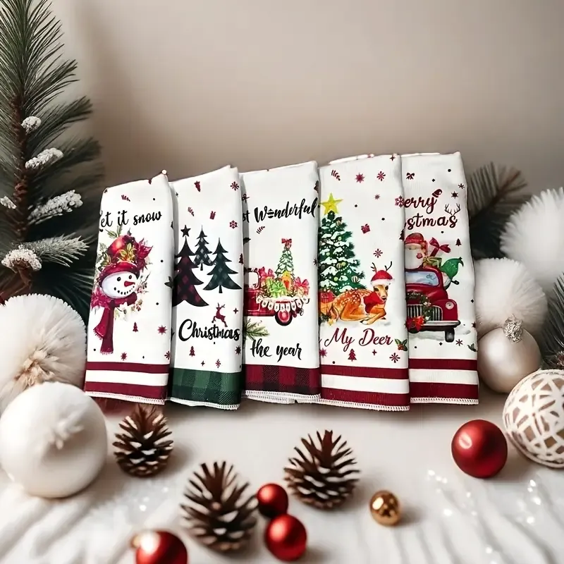 5PCS Microfiber Christmas Towels, Multiple Classic Patterns, Soft & Absorbent to Decorate Your Holiday Atmosphere