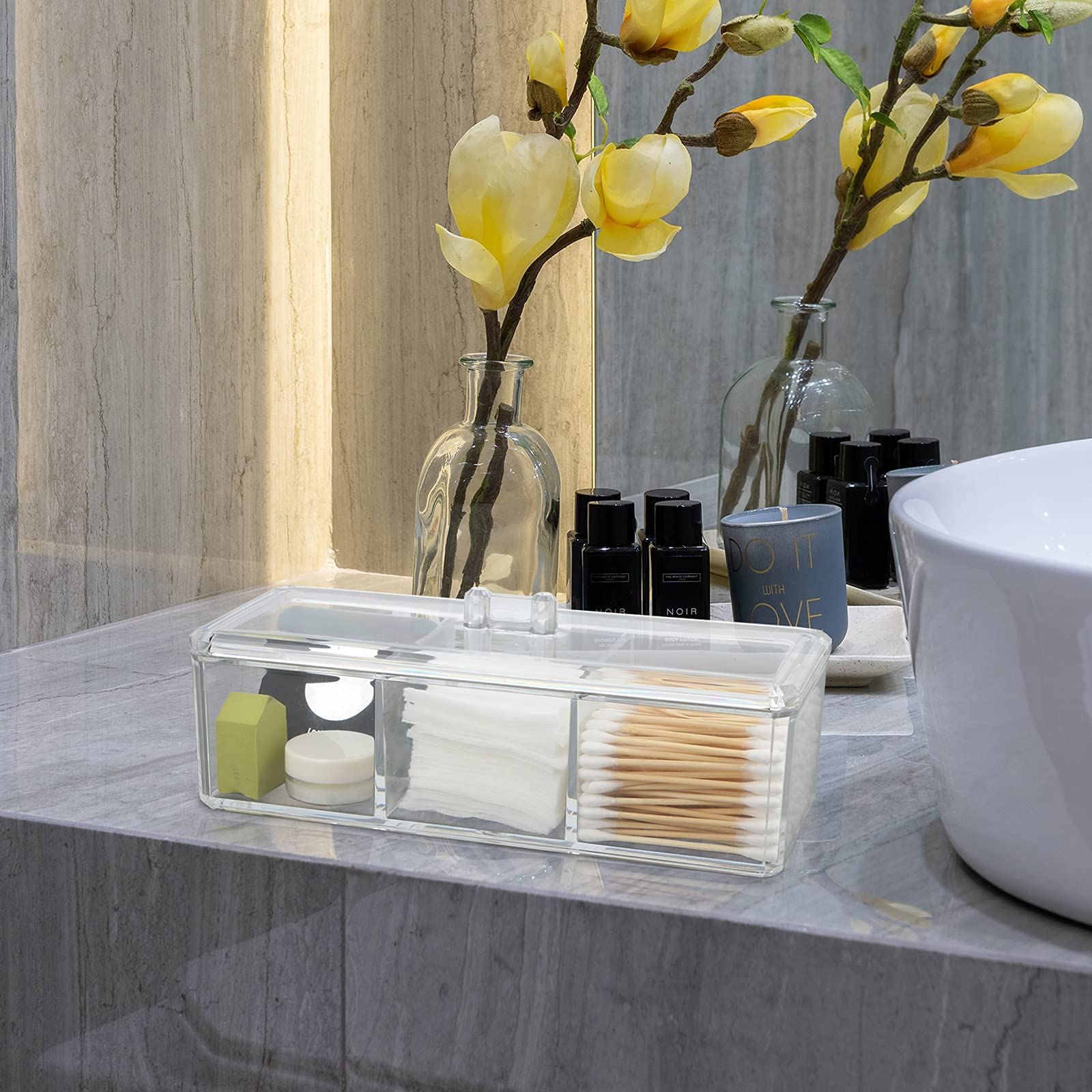 Organizer, Clear Acrylic Vanity Desk Storage and Organizer, 3 Compartment Make Up Holder with Lid Bathroom 9.17x3.7X3.46 Inch β image 3