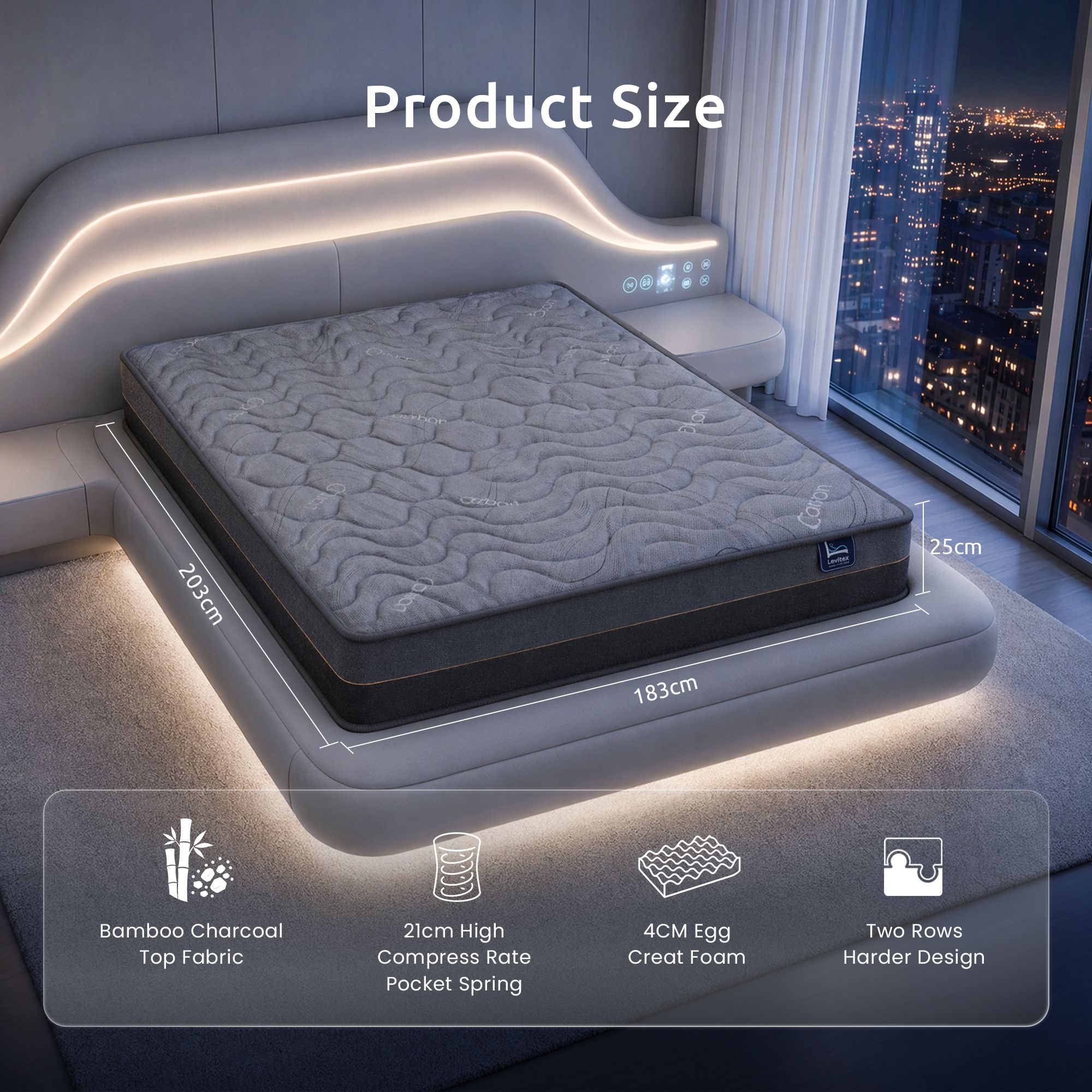 Levitex King Mattress 25 cm Hybrid Pocket Spring with 4cm Egg Crate Foam for Deep Sleep Bamboo Charcoal Fabric โ image 3
