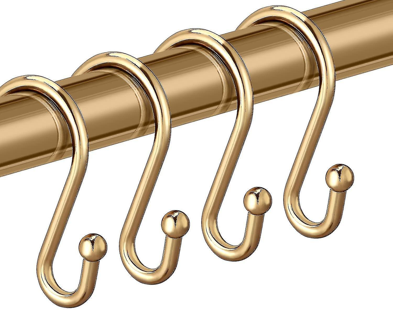 {xjxj} Brass Shower Curtain Hooks, Set of 12 Metal Shower Rings Gold Decorative, Premium Stainless Steel S-Shaped Hooks Hangers for Bathroom