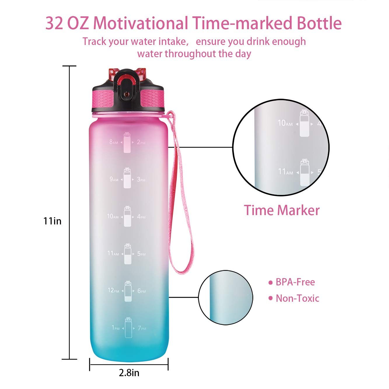 1000ML Water Bottle with Time Marker, Carry Strap, Ensure You Drink Enough Water for Fitness, Gym, Camping, Outdoor Sports โ image 2