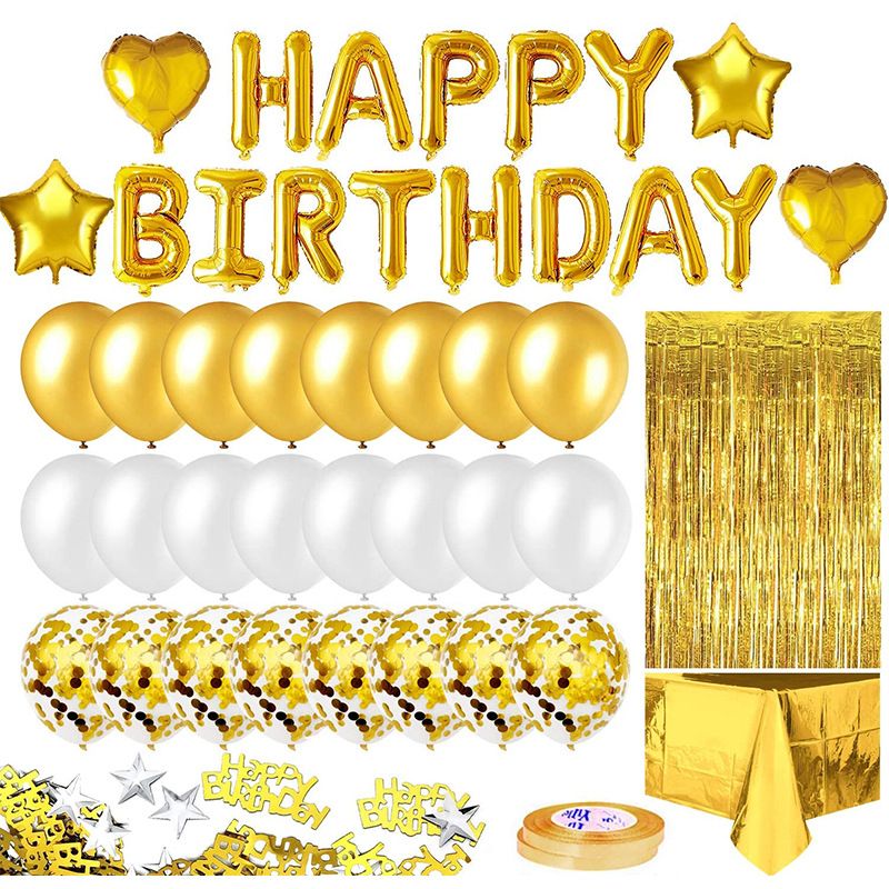 Birthday Party Decoration, Happy Birthday Banner, Sky-Blue Fringe Curtain, Foil Tablecloth, Heart Star Foil Confetti Balloons