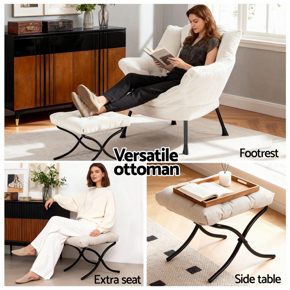 Artiss Armchair Accent Chair Ottoman Lounge Footrest Velvet White — image 5