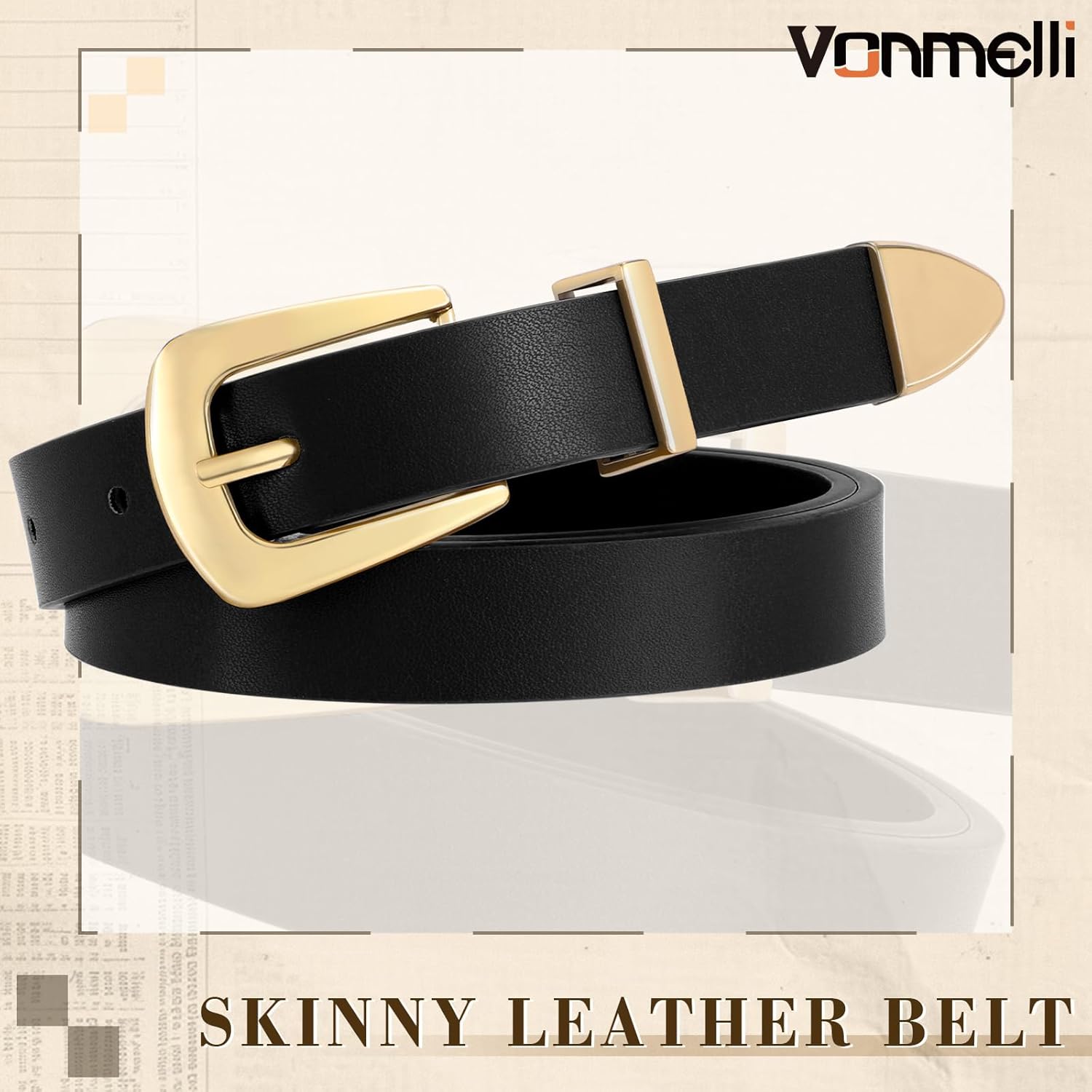 Women Skinny Leather Belt for Jeans Dress Black Thin Waist Belt Ladies Belt with Gold Buckle, M โ image 3