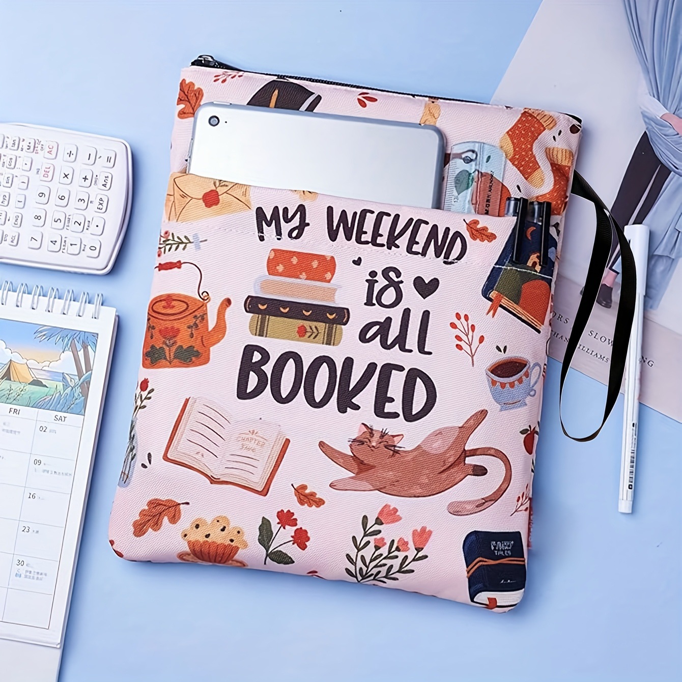 Cat Teacup Zippered Book Sleeve with Printed Design – Waterproof Protective Cover for Books