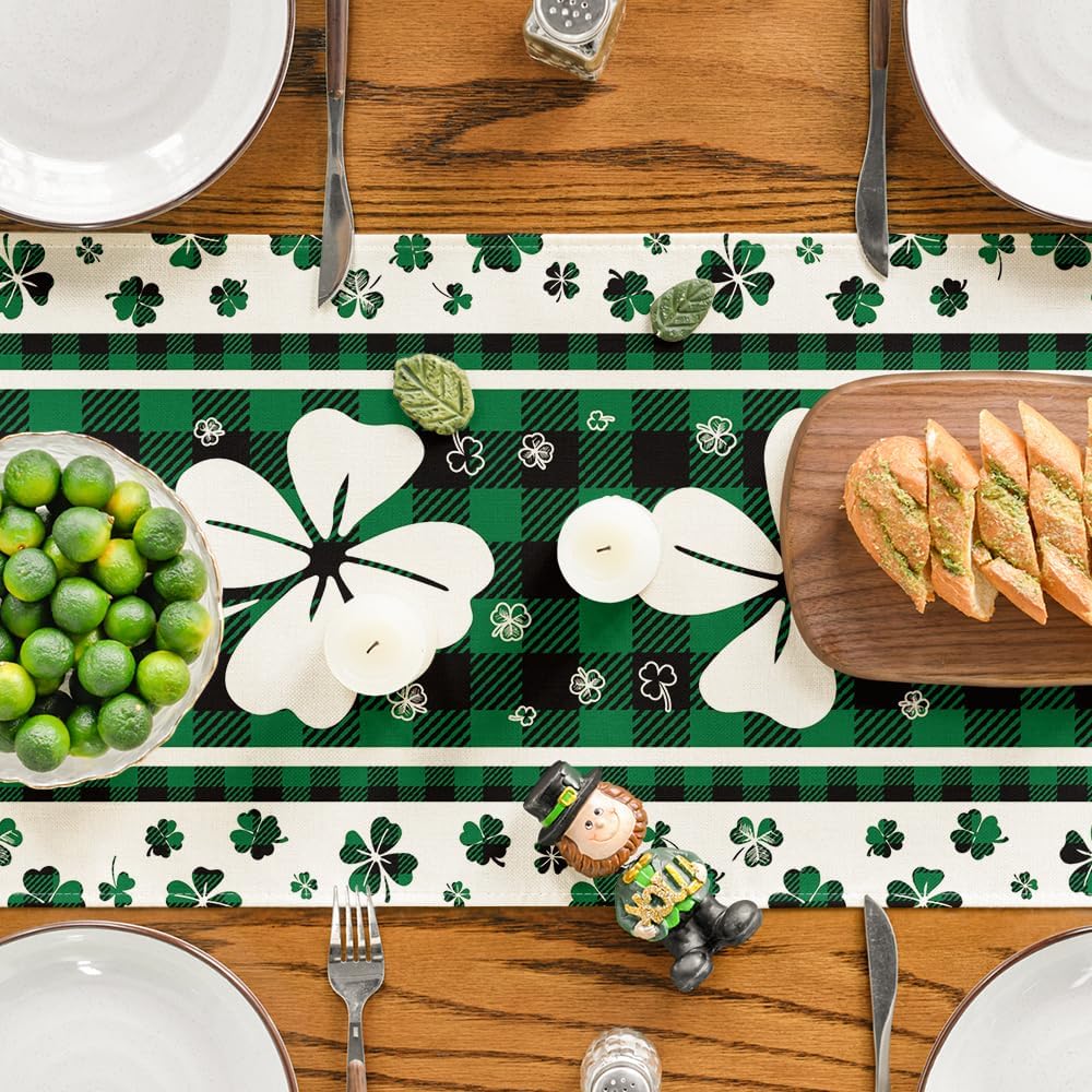 Green Clover Buffalo Plaid Shamrocks St. Patrick's Day Table Runner, Seasonal Kitchen Dining Table Decoration for Indoor Home Party 13 × 72 Inch — image 5