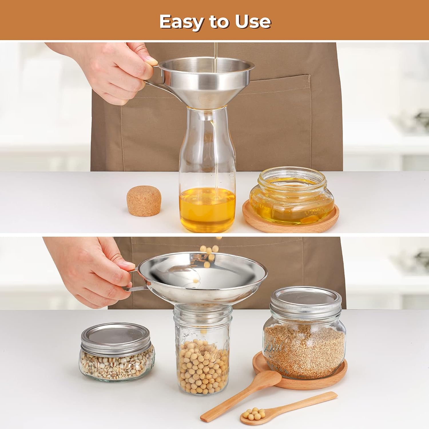 Canning Funnel for Wide Mouth and Regular Mason Jars, Stainless Steel Kitchen Use Funnels with Strainer for Filling Bottles, Metal Funnel Set for Oil Power Jam — image 4
