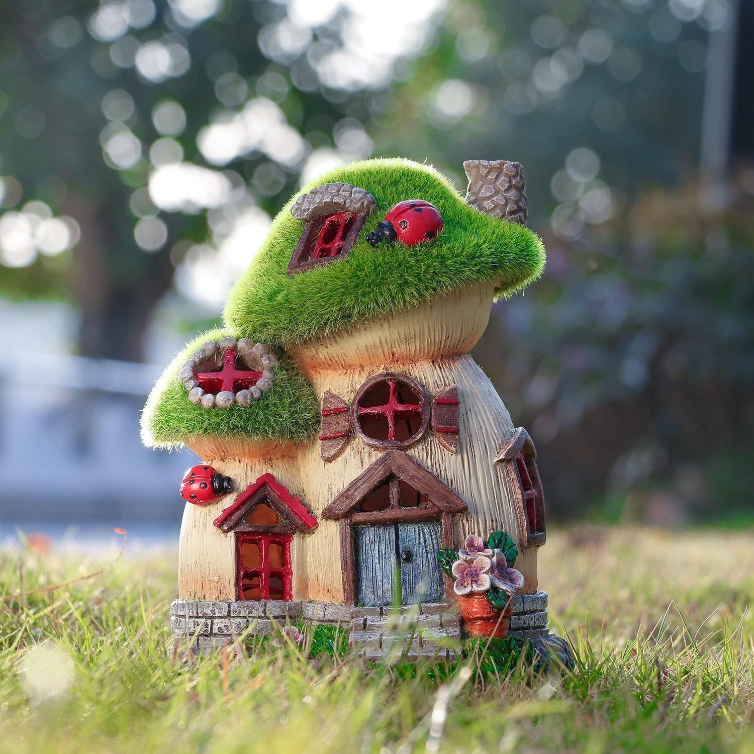 Mushroom Garden Statues with Outdoor Solar Light for Garden Decor, Green Flocked Decorations Resin Fairy House Accessories, Outdoor Decor Yard Gifts for Mom — image 5