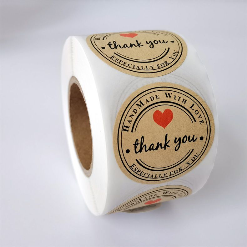 Thank You Hand Made with Love with Red Heart Stickers 1.5Inch Round Total 500 Adhesive Labels Per Roll