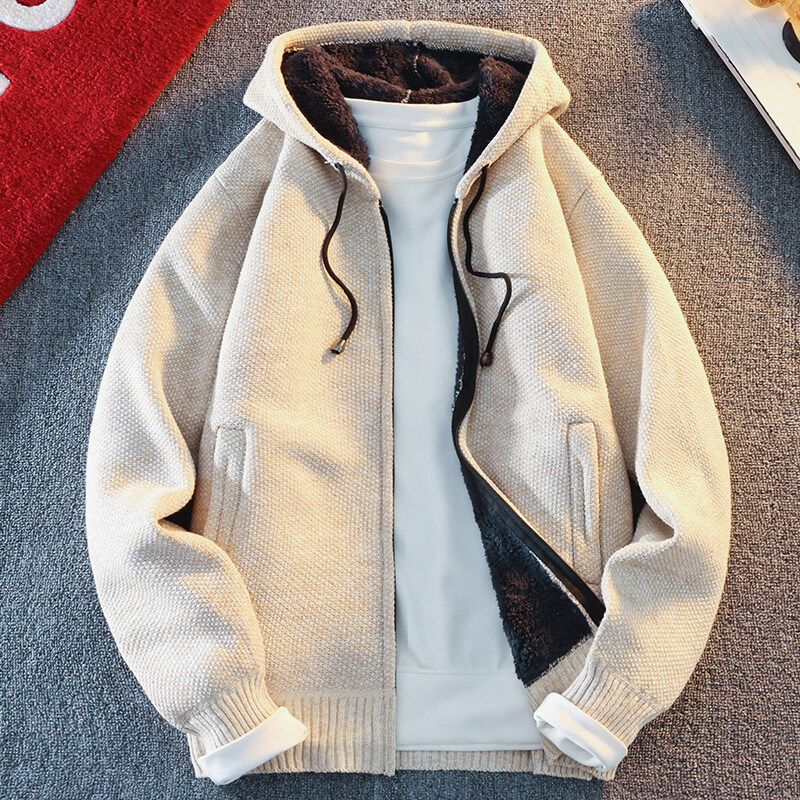Men Hooded Thick Knitwear Loose Long Sleeve Burgundy — image 5