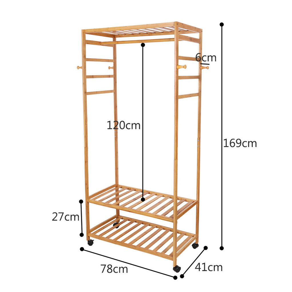 3-Tier Wooden Clothes Rack Rolling Garment Stand w/ Hooks — image 6