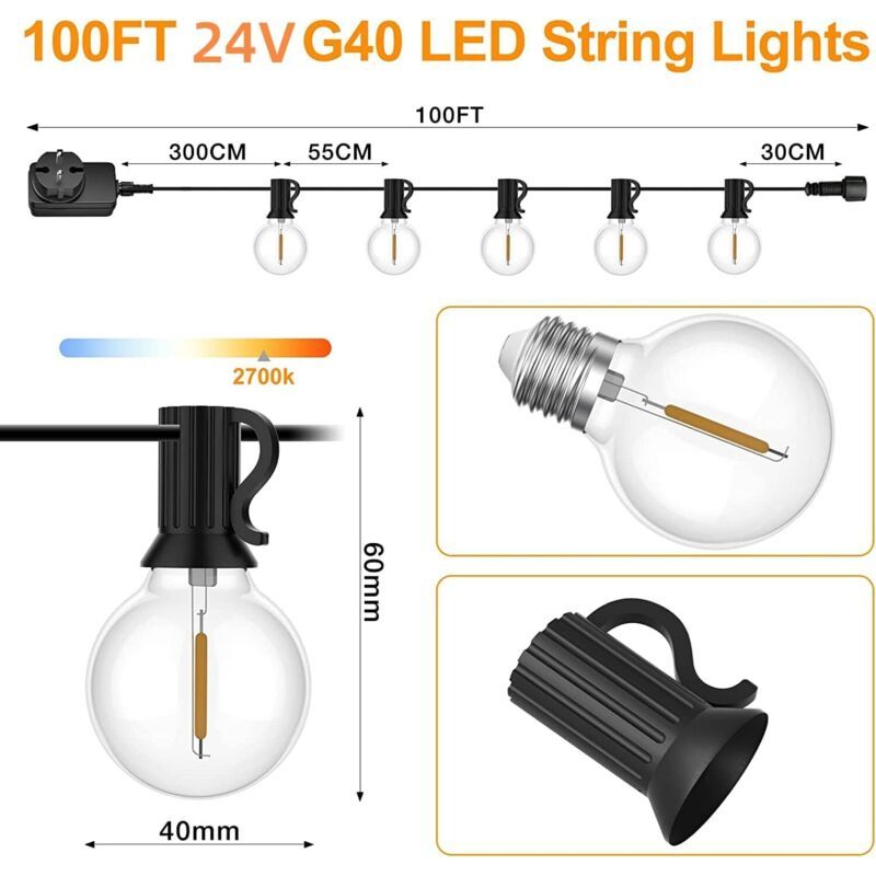 Outdoor Light Garland, 30 m with 50 plus 2 G40 LED Bulbs, IP45 Waterproof, Warm White — image 2