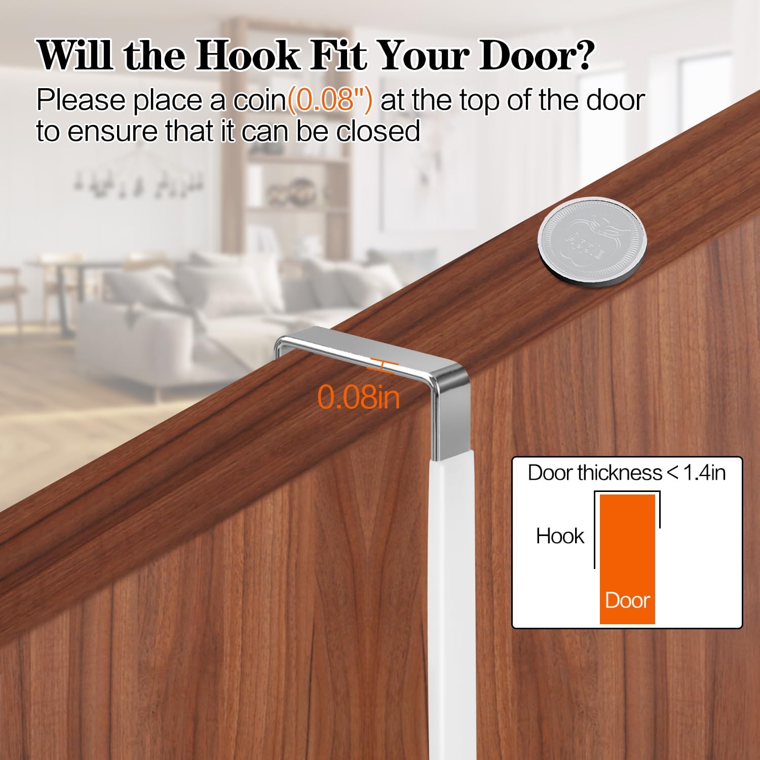 4 Pack Over The Door Hooks, Fits Doors Less Than 1.4in Thick, White Rubber Surface Prevent Scratch Door Hanger Hooks for Bathroom, Living Room, Kitchen — image 2