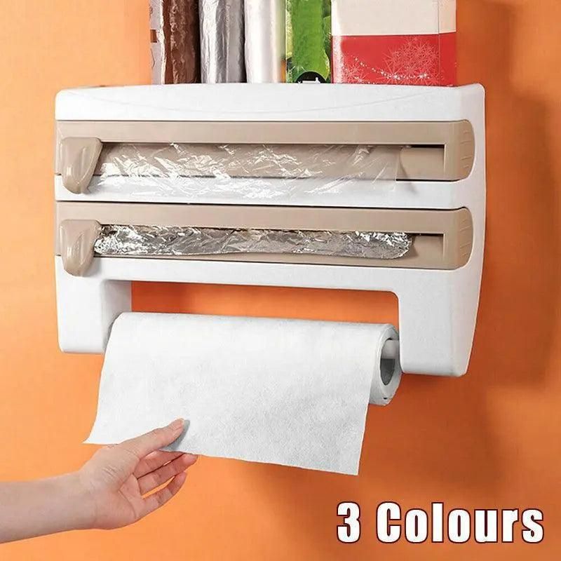 4In1 Wall Mount Kitchen Holder Foil Towel Roll Cling Wrap Rack Dispenser Cutter - Khaki โ image 2