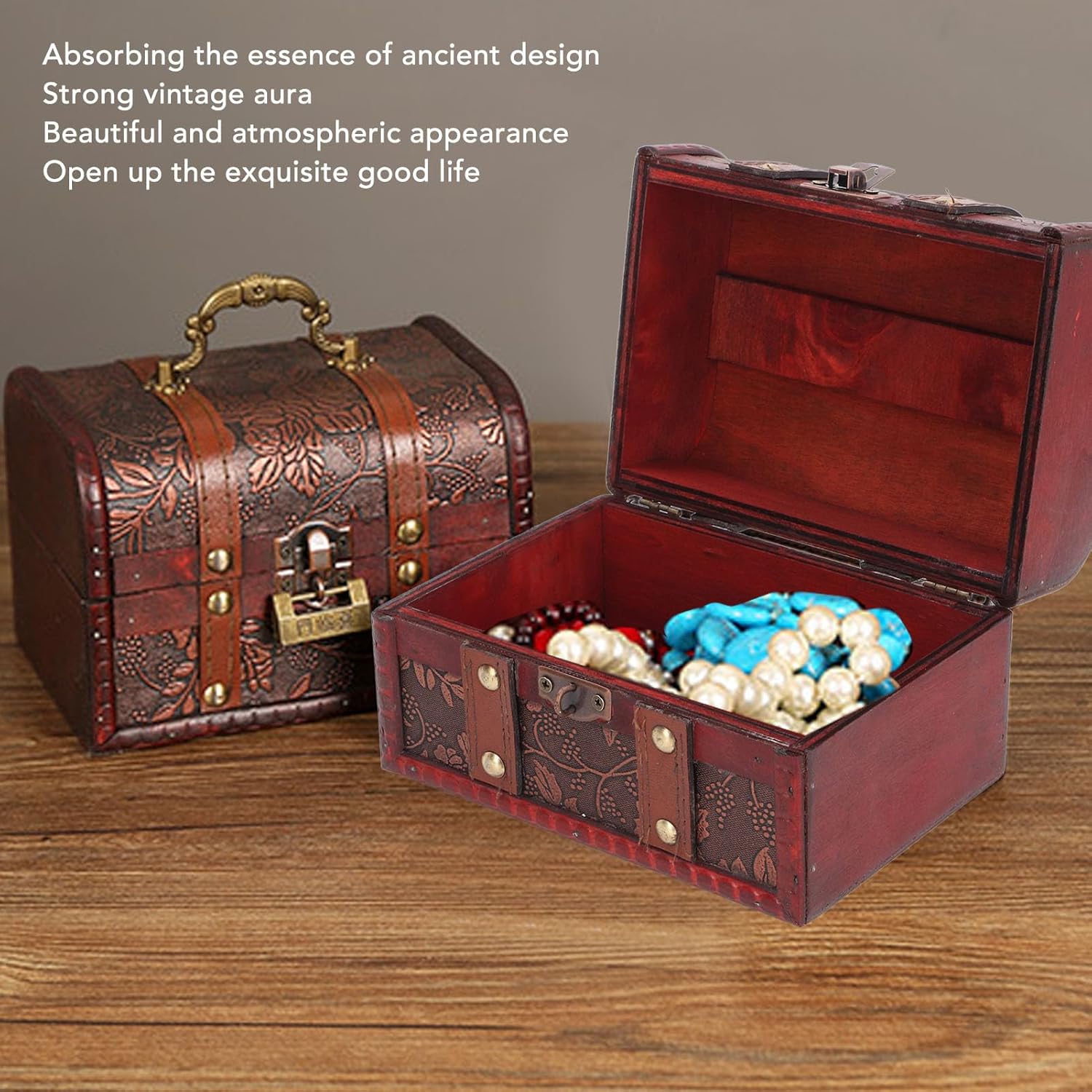 Treasure Chest, Large Capacity Vintage Wood Boxes with Lock Treasure Box Wooden Lock Box Decorative Box Treasure Jewelry Chest with Coded Lock for Girls Ladies — image 2