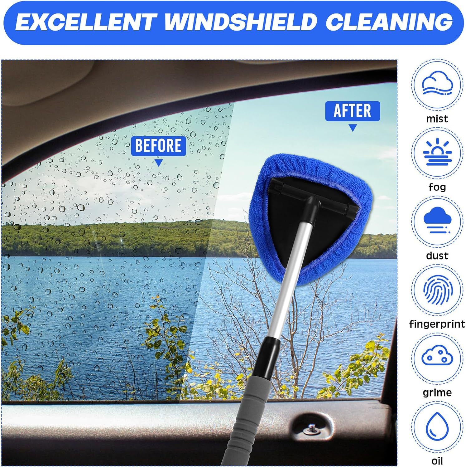 Black Car Windshield Cleaner Tool, Inside with 4 Reusable and Washable Microfiber Pads and Extendable Handle, Moisture Removal Tool โ image 4