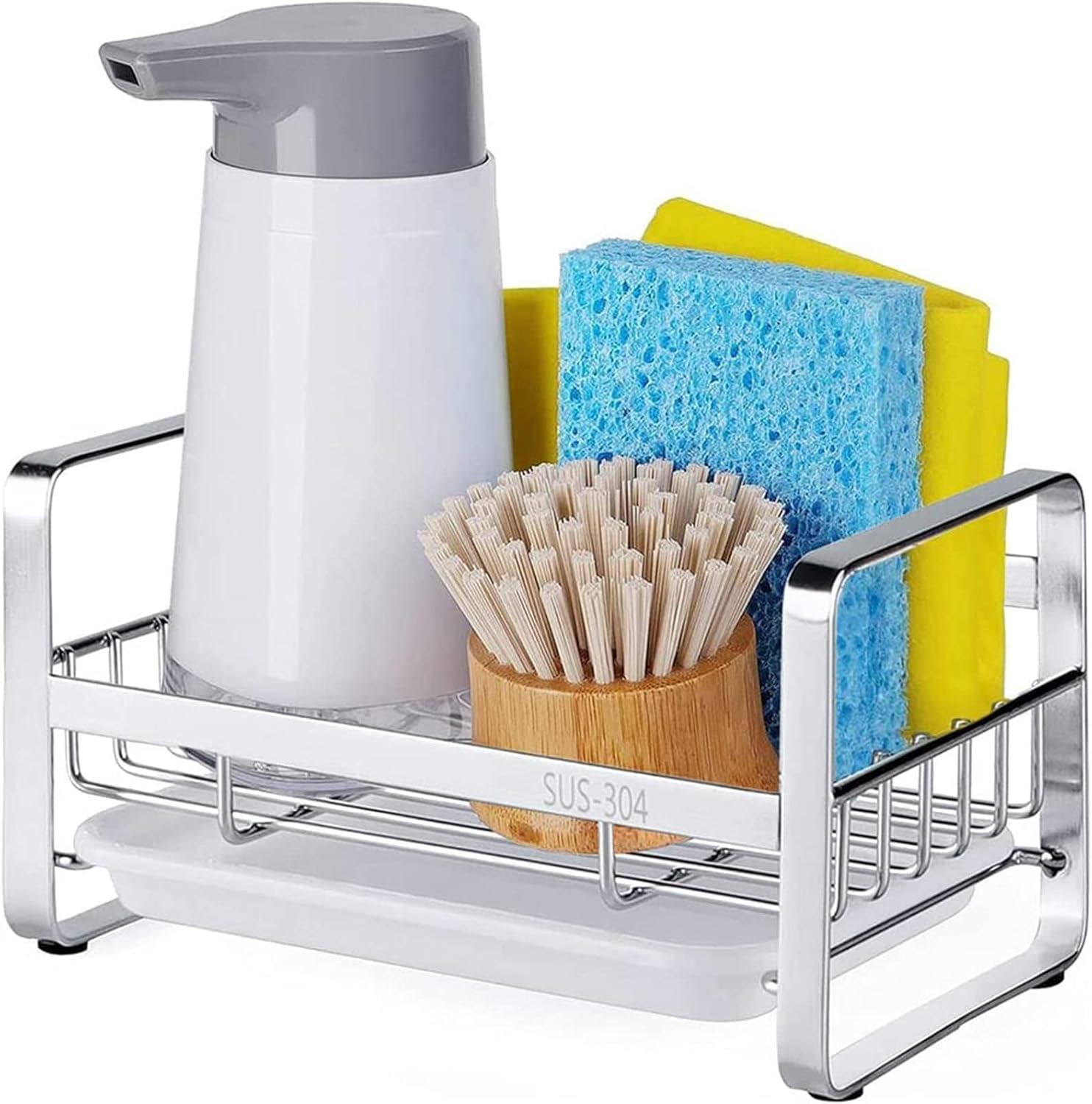 Kitchen Sink Sponge Holder, 304 Stainless Steel Kitchen Soap Dispenser Caddy Organizer, Countertop Soap Dish Rack Drainer with Removable Drain Tray, not