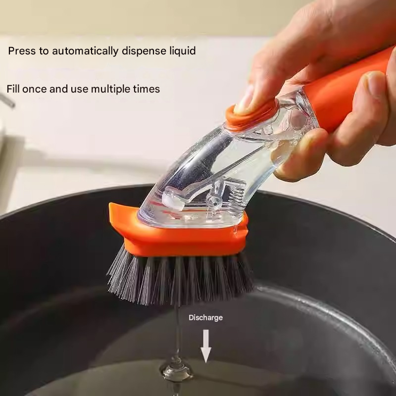 Orange Long-Handled Liquid Dispensing Pot Scrubber – Multi-Use Kitchen Cleaning Brush with Built-In Detergent Reservoir — image 2