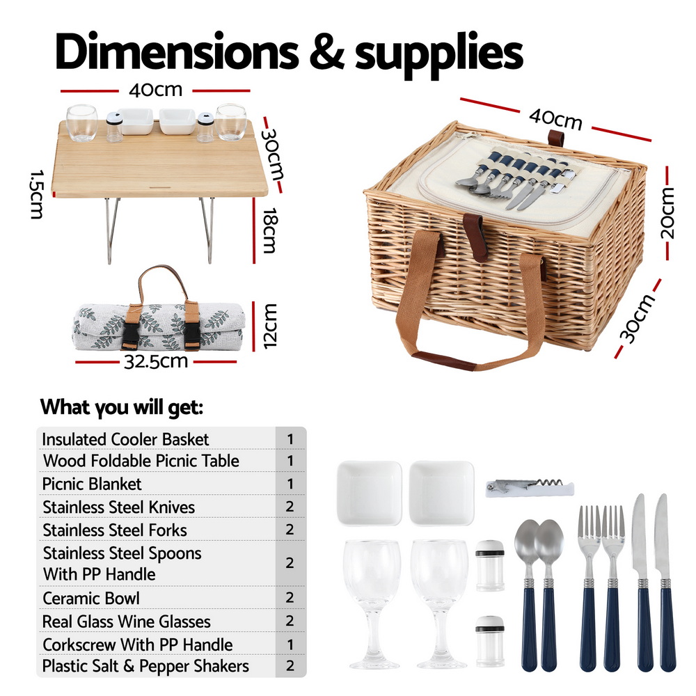 Alfresco 4 Person Picnic Basket Set with Table Blanket Cooler Wooden Insulated — image 2