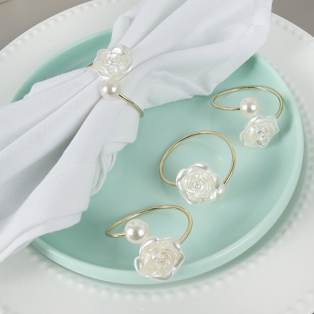 Pearl Flower Napkin Rings Set of 6, Flowers Dinning Table Setting Rustic Dinner Tables Decoration for Wedding Receptions,Christmas — image 4