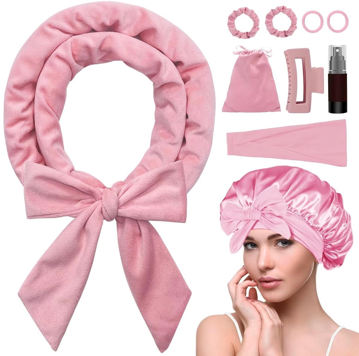 Heat-free hair curlers -Curling rollers- curling set- Blow-dry effect without heat overnight -Soft cap and sleepy bow design -Comfortable curls while you sleep