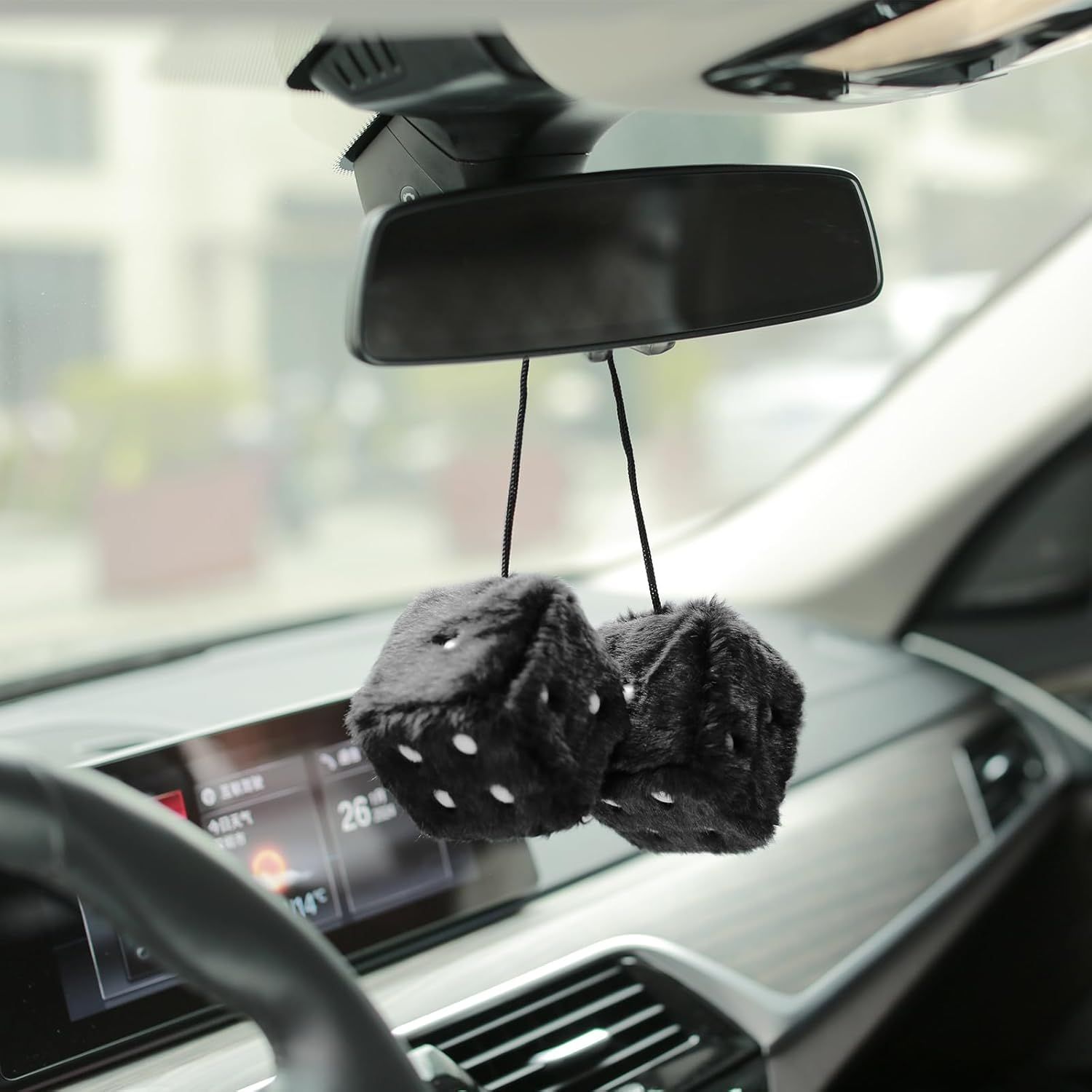 Replacement Pair of 2.75" Fuzzy Dice with Leather Dots Retro Car Rearview Mirror Hanging Accessories for Car Decoration (Black)_qcx, Made of Fabric โ image 4