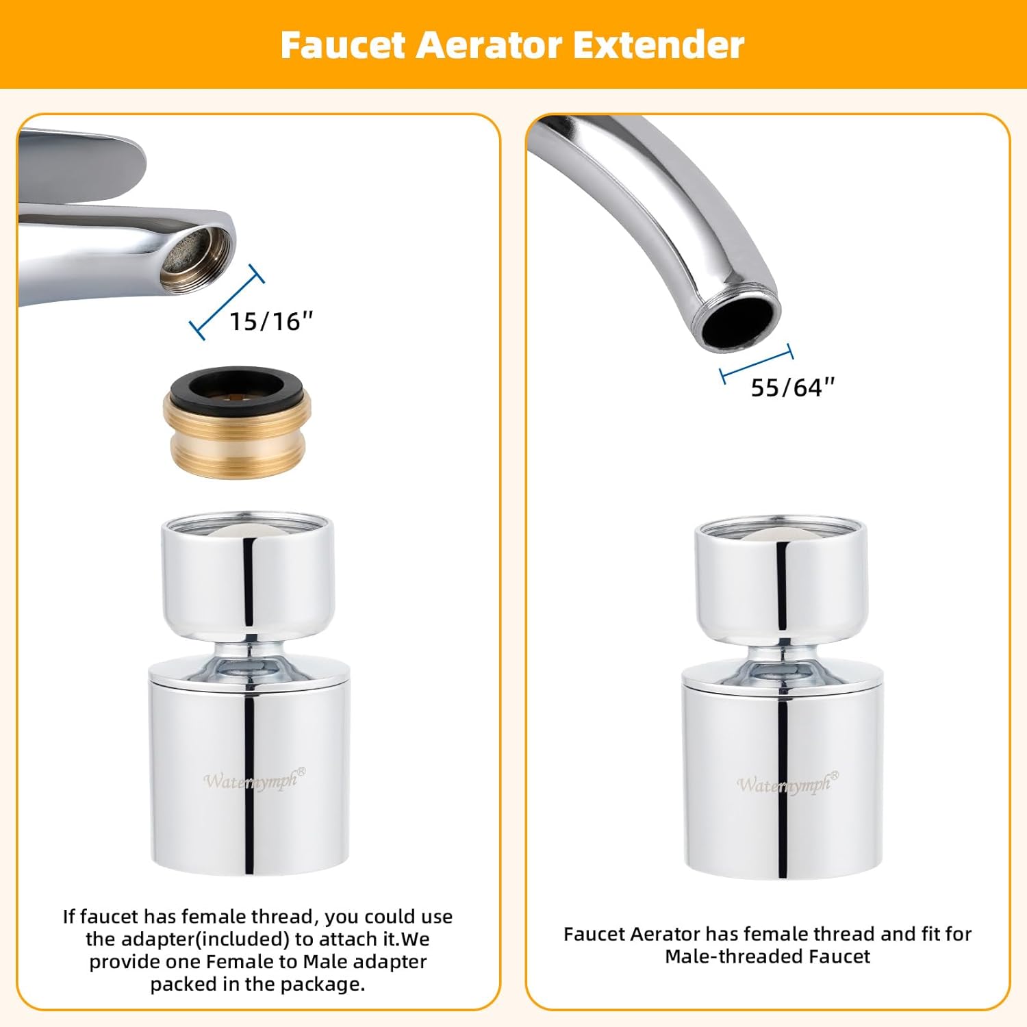 Dual-function 2-Flow Faucet Aerator, Water Saving Swivel Aerator with 2 Sprayer - Faucet Parts Replacement - 55/64 Inch-27UNS Female Thread - Chrome — image 3