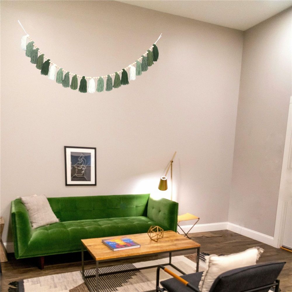 Green Tassel Wall Hanging Decor Forest Woodland Tassel Banner with Beads for Nursery Classroom Office Birthday Party Kids Room Baby Shower Decoration — image 5