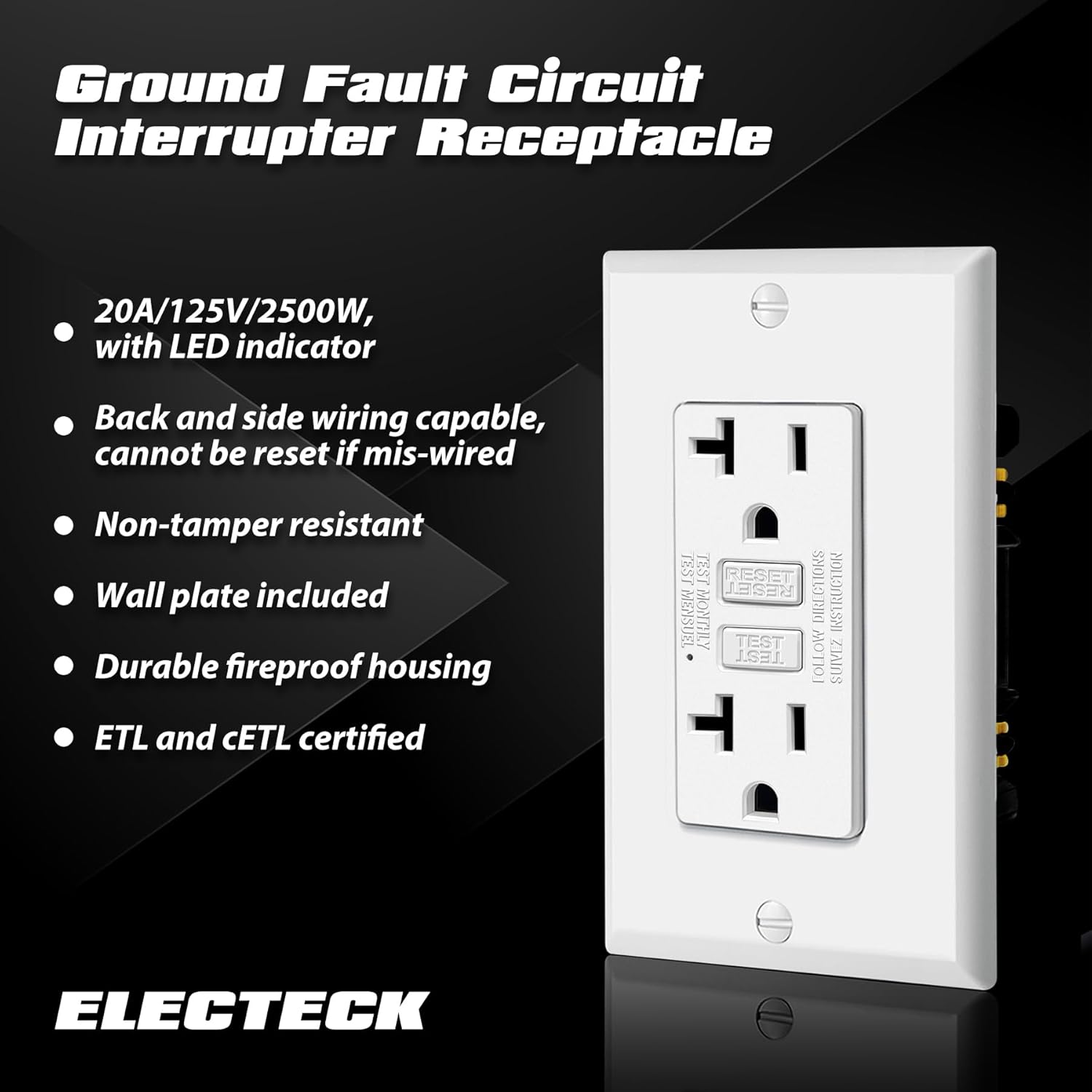 10 Pack GFCI Outlets 20 Amp, Non-Tamper Resistant, Decor GFI Receptacles with LED Indicator, Ground Fault Circuit Interrupter, Wallplate Included, ETL Listed โ image 2