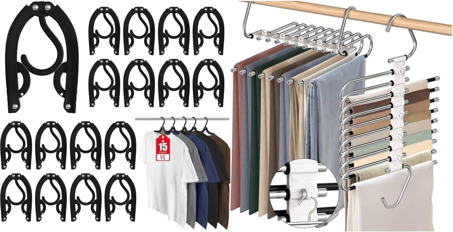 15 Pcs Travel Hangers Portable Foldable Travel Hanger Organizer 2 Pack 9 Layers Pants Hangers Space Saving