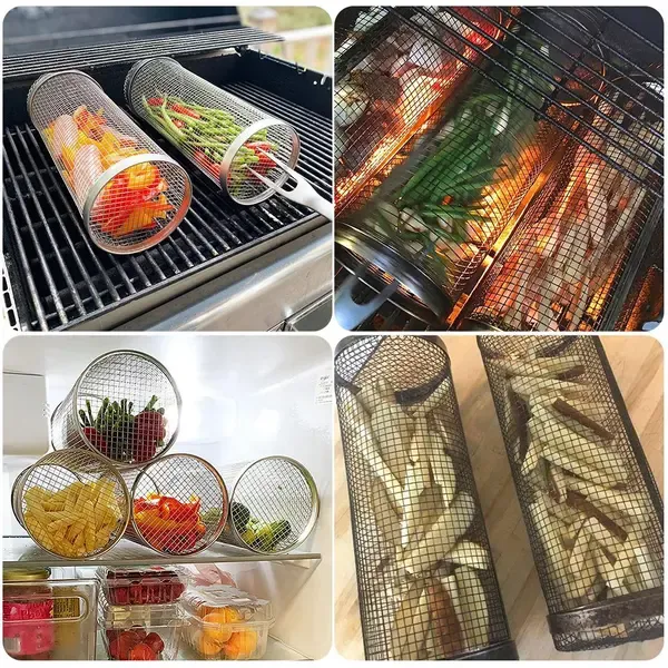2 Pack Stainless Steel BBQ Grill Basket Set with Stand, Rotisserie Mesh Tubes for Outdoor Camping and Grilling, Silver, 20 cm — image 5