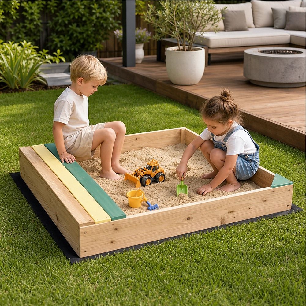 Wooden Kids Backyard Sandbox Outdoor Sandpit with Bench for Children โ image 3