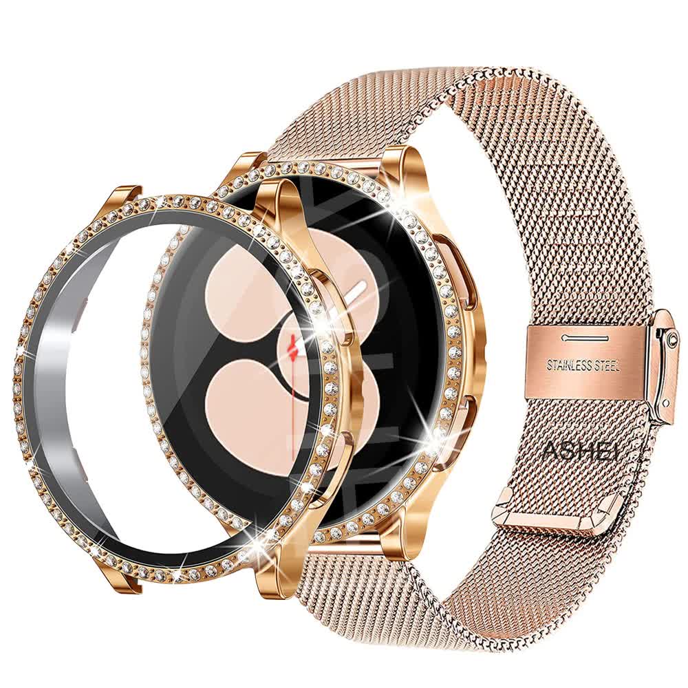 Compatible with Samsung Galaxy Watch 4 5 6 Bracelet Case 40mm 44mm Mesh Loop Stainless Steel Strap Bling Case Gold Set watch6 40mm