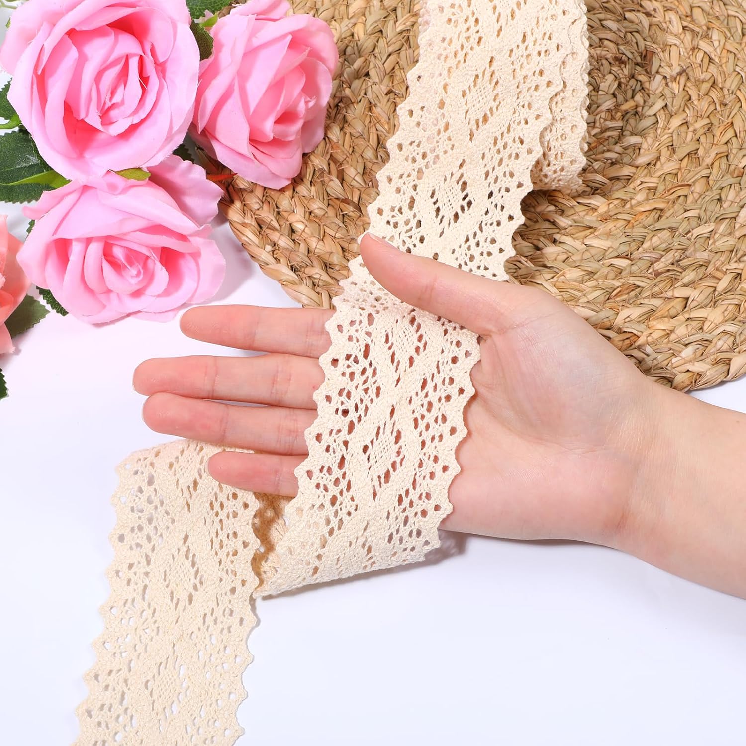 Beige Cotton Lace Trim, 5 Yards Vintage Crochet Lace Trim Ribbon Fabric Applique for Sewing, Wedding Decoration, Gift Wrapping, Christmas Package, Scrapbooking — image 2